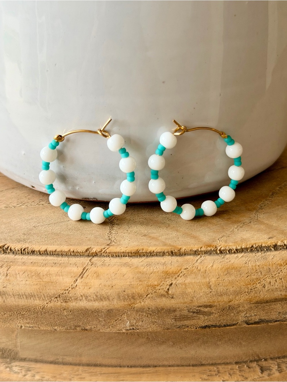 Handmade Turquoise & White Beaded Hoop Earrings